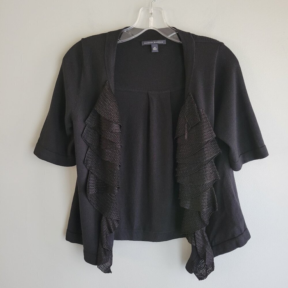 Banana Republic Sweater Womens XS Black Short Sleeve Cropped Ruffled Cardigan